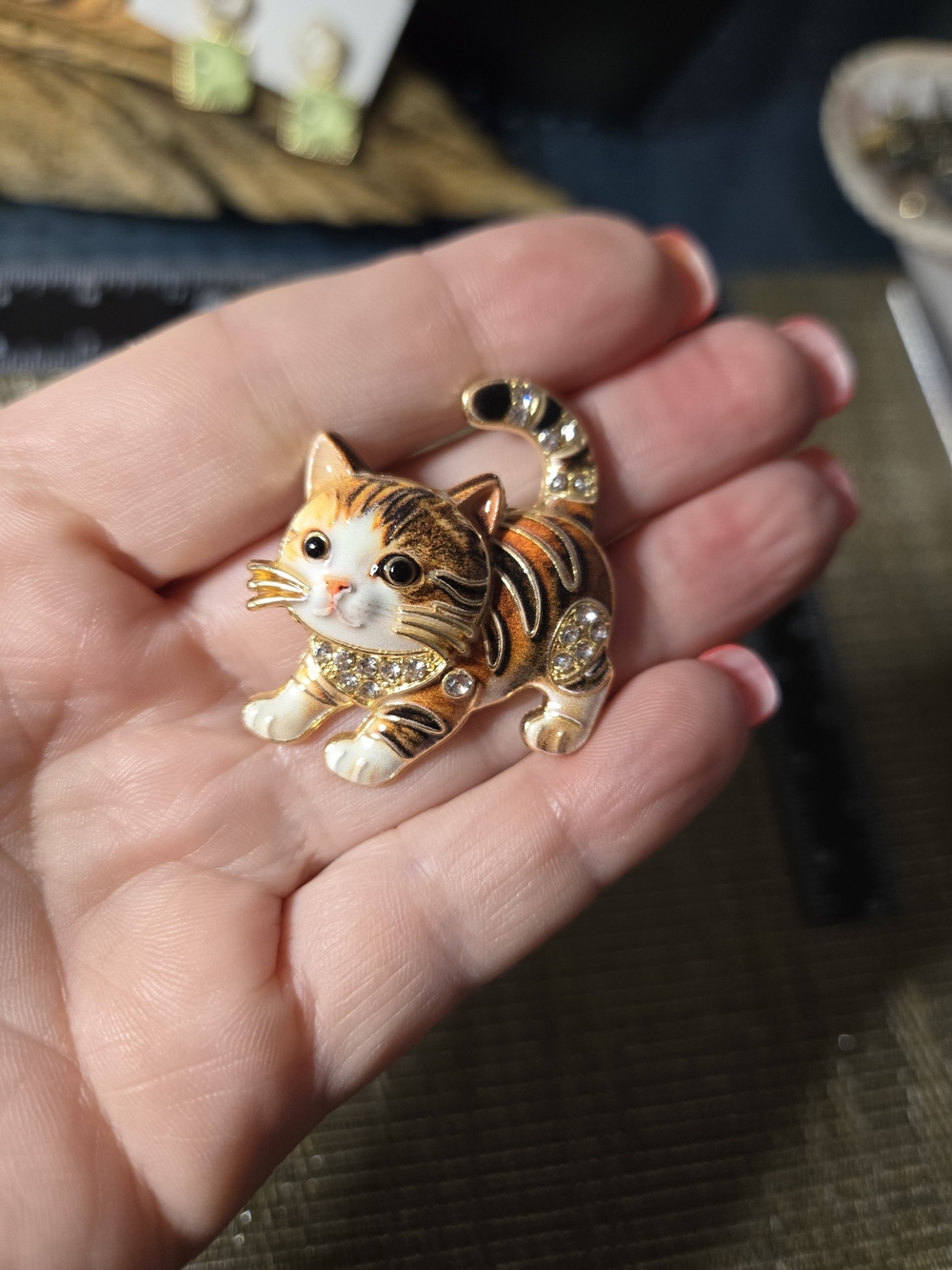 Cute Orange and White Cat Enamel Brooch with Crystal Accents